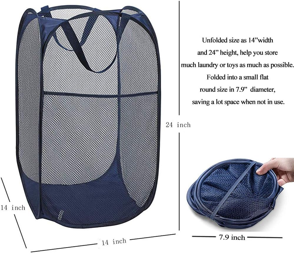 Larpur Popup Mesh Laundry Basket, Collapsible and Portable Clothes Washing Laundry Hamper with Reinforced Carry Handle (Blue*2)
