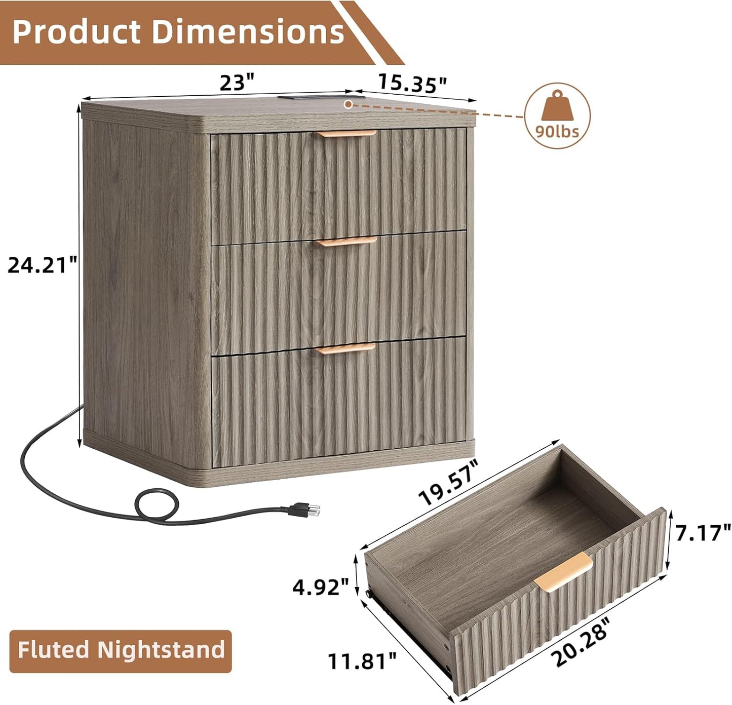 LEYAOYAO 23" Wide Fluted Night Stand with Charging Station,3 Drawers Large End Table with Storage,Grey Nightstand Wood Bedside Tables, Farmhouse Cabinet Dresser for Bedroom,Closet