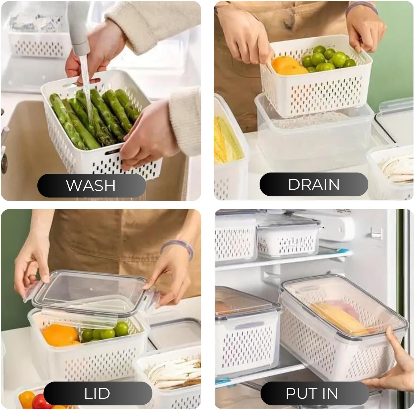 4 PCS Fruit Containers for Fridge, Leakproof fruit storage containers for fridge with Removable Colander