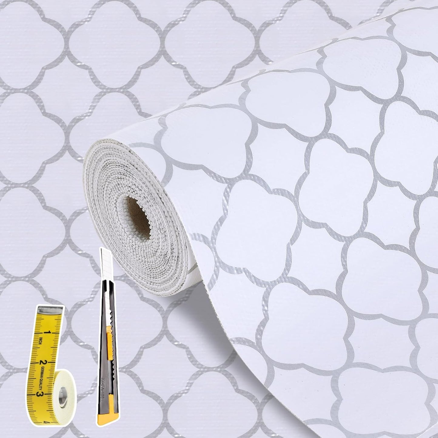Shelf Drawer Liners for Kitchen Cabinets Non Adhesive Drawer Liner Thickened Refrigerator Liner Silver Quatrefoil Strong Non-Slip Paper for Tool Box with Knife and Tape Measure,23.6 x 354.3 Inches