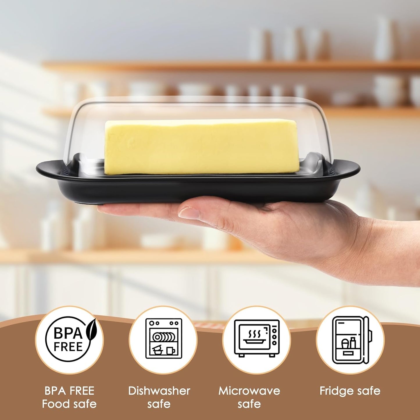 Butter Dish with Clear Lid, Butter Keeper for Countertop, Airtight Butter Dish, Plastic Butter Keeper Tray for West/ East Coast Butter, Dishwasher Safe(Black)