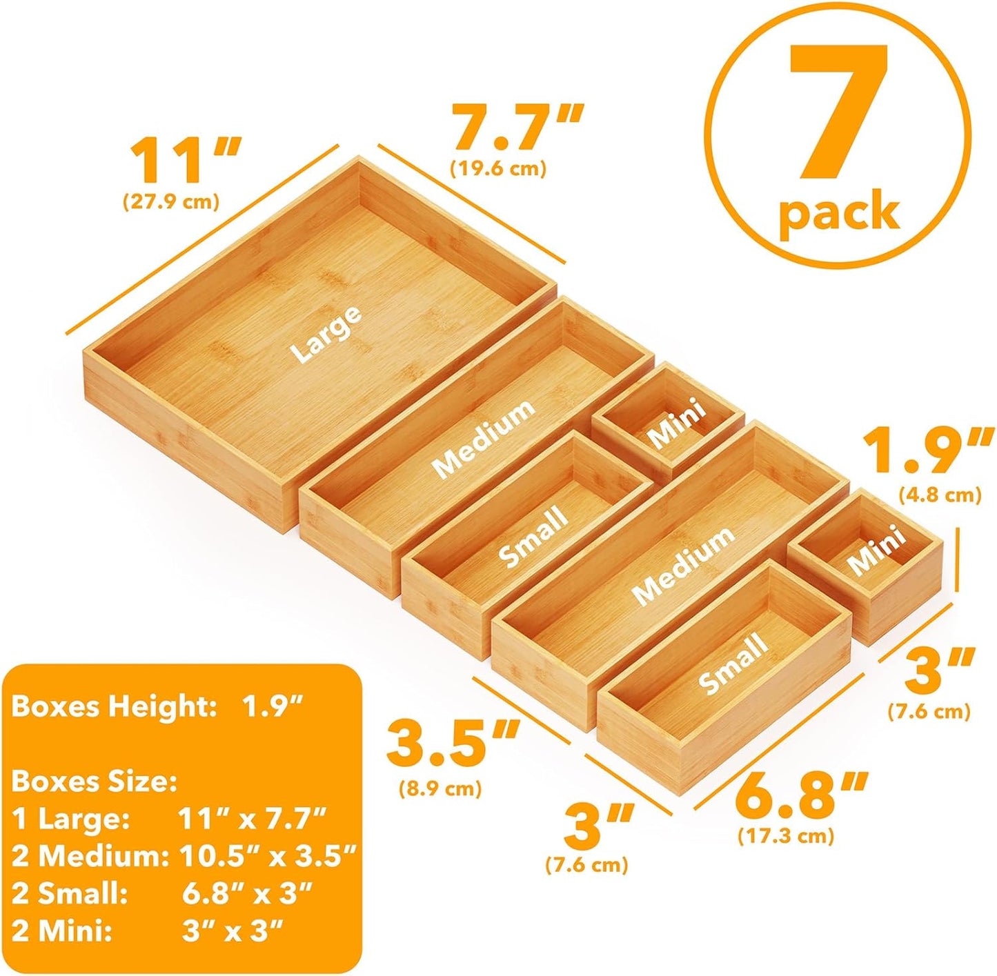 SpaceAid 7-Piece Bamboo Drawer Organizer Storage Boxes Set, Wood Tray Junk Drawer Organizers Multi-Use Divider Bins for Kitchen, Bathroom, Office Desk and Makeup Organization (7 Pack, Natural)