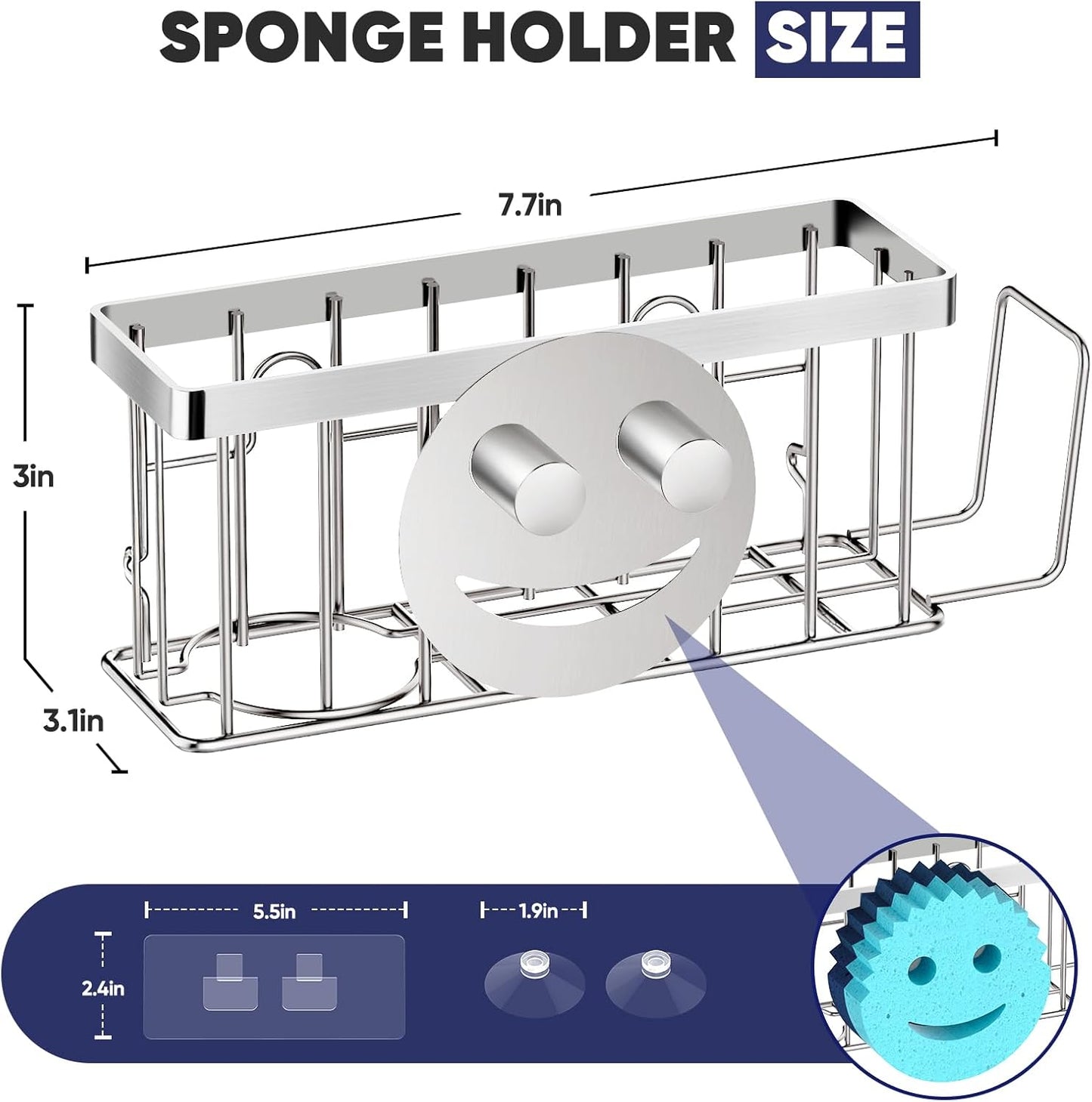 Sponge Holder for Kitchen Sink,Sink Caddy Smiley Face,4-in-1 Sponge Holder with Suction Cups & 1 PCS Adhesive Strips for Holding Soap,Brush,Scrubber,Sponge,Stopper-Silver