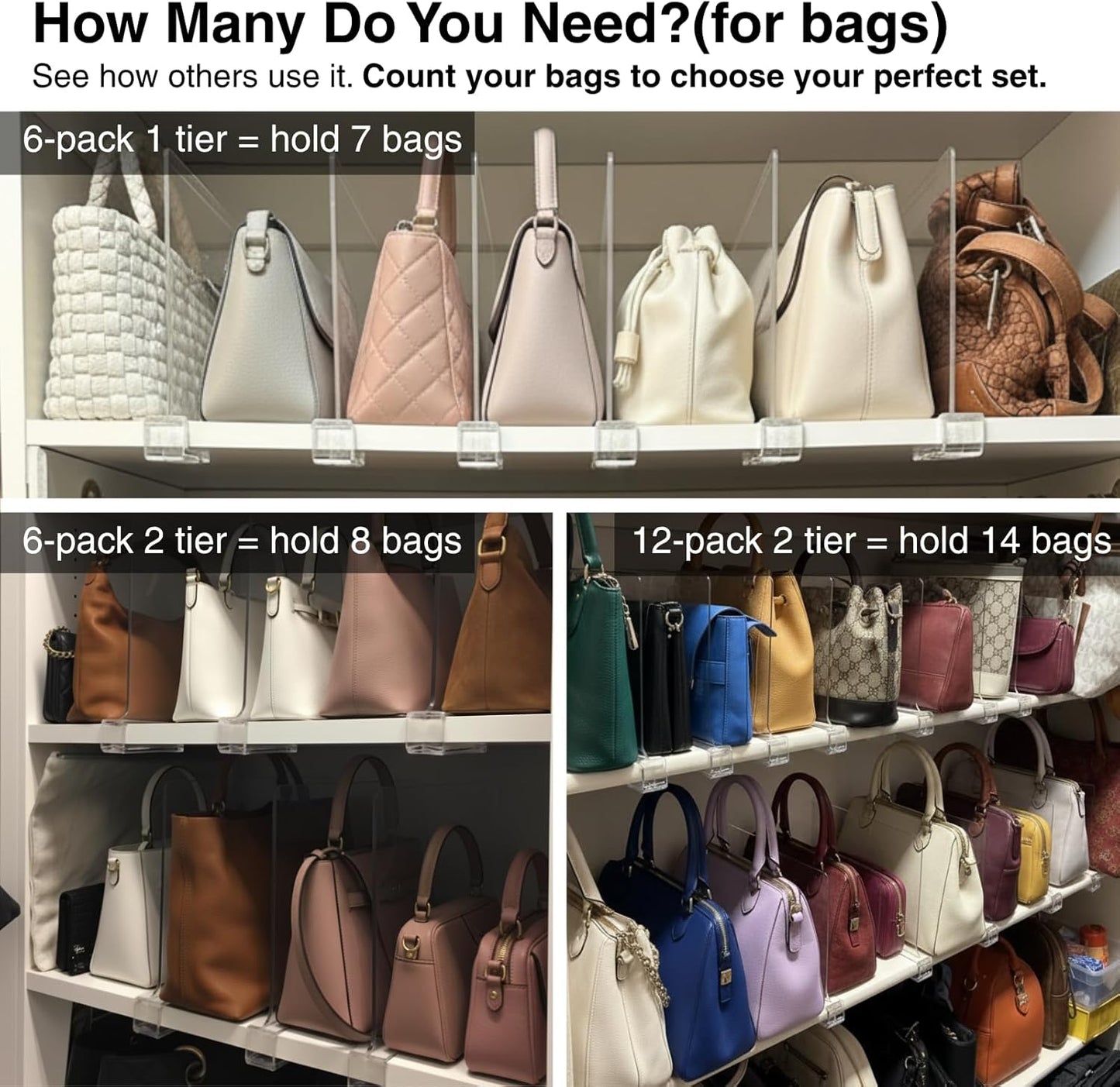 Shelf Dividers Purse Organizer for Closet: 16-Pack Acrylic Bag Storage Organizer for Handbags, Clutches, Clothes, Sweater, Towel on Wood Shelves