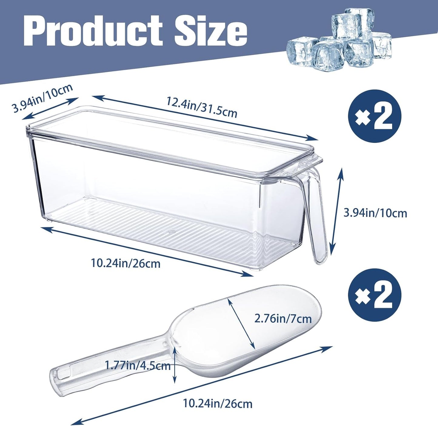 Havawish 4 Pcs Ice Storage Bin for Freezer with Lid and Flexible Scoop Set Plastic Ice Container with Lid Handle for Home Office Fridge Storage (12.4 x 3.94 x 3.94 Inches,Clear)
