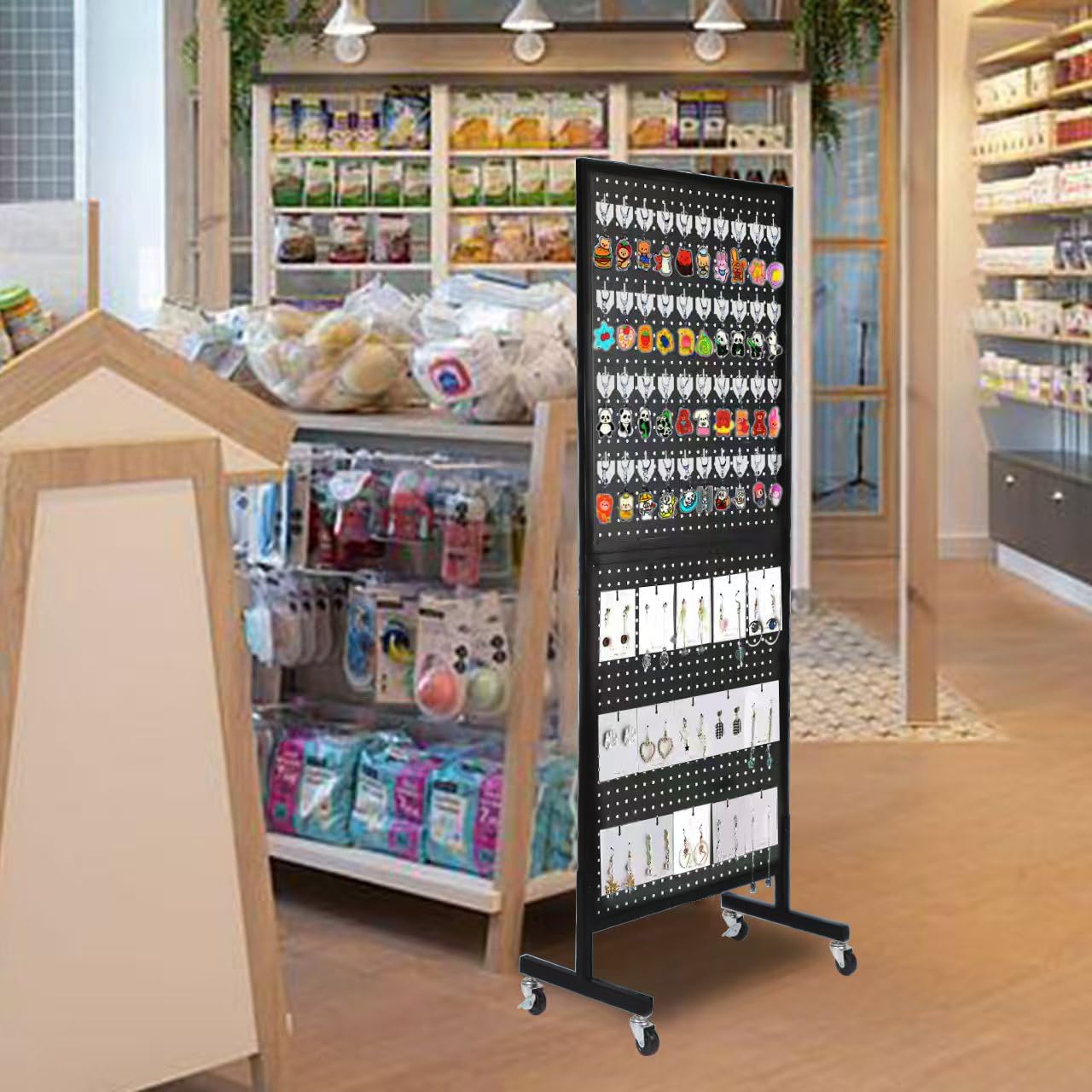 2'x 5' Standing Pegboard Display with T-Base, Pegboard Display Stand with Wheels, Metal Peg Board Display Rack, Art Display Stand, Extra 10 Pieces Hooks - Black