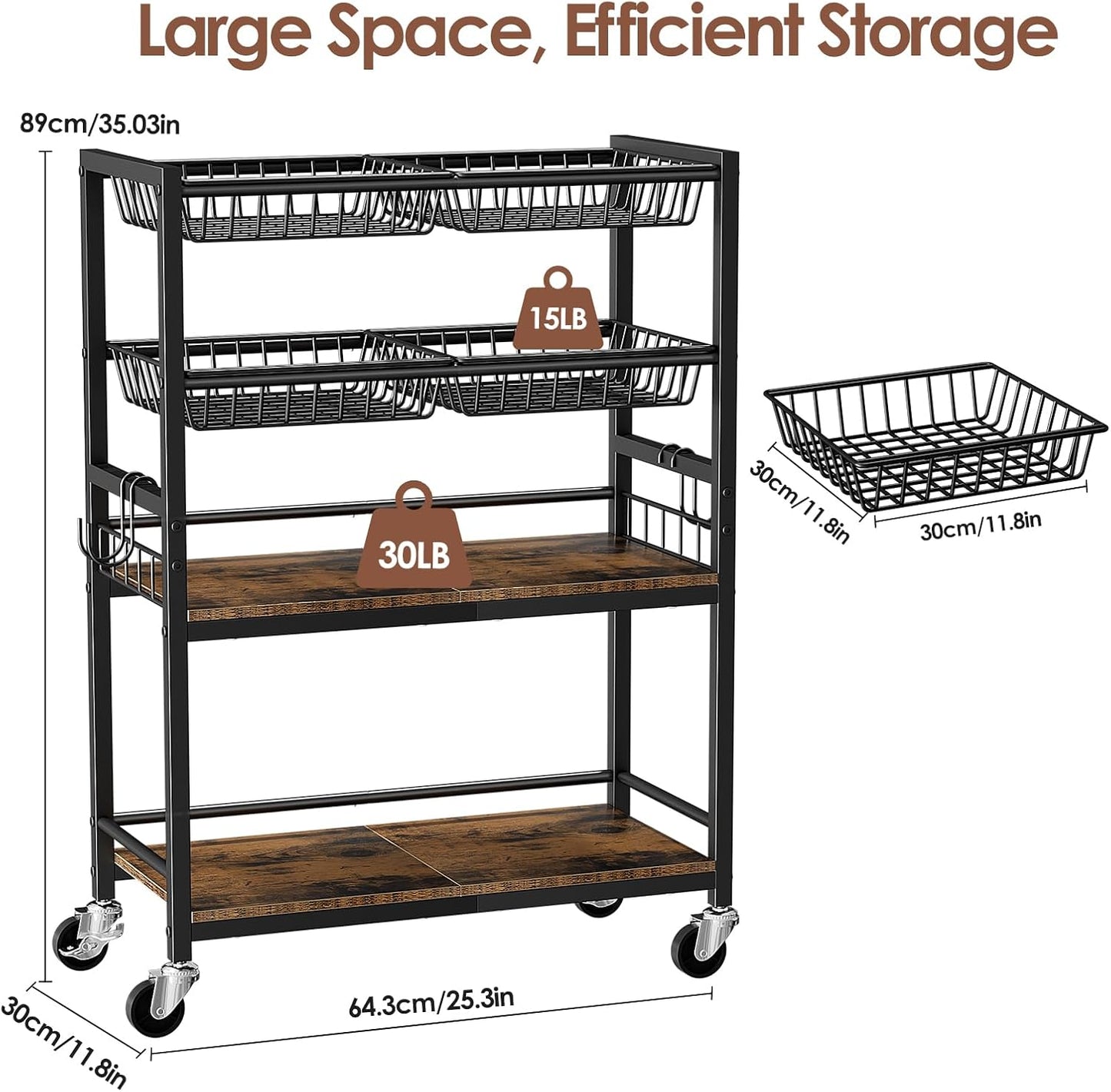 Kitchen Storage Cart, 4 Tier Utility Rolling Snack Cart, Fruit & Vegetables Basket Stand, Pantry Storage with 4 Detachable Mesh Basket for Kitchen, Bathroom, Living Room, Office, Balcony, Black
