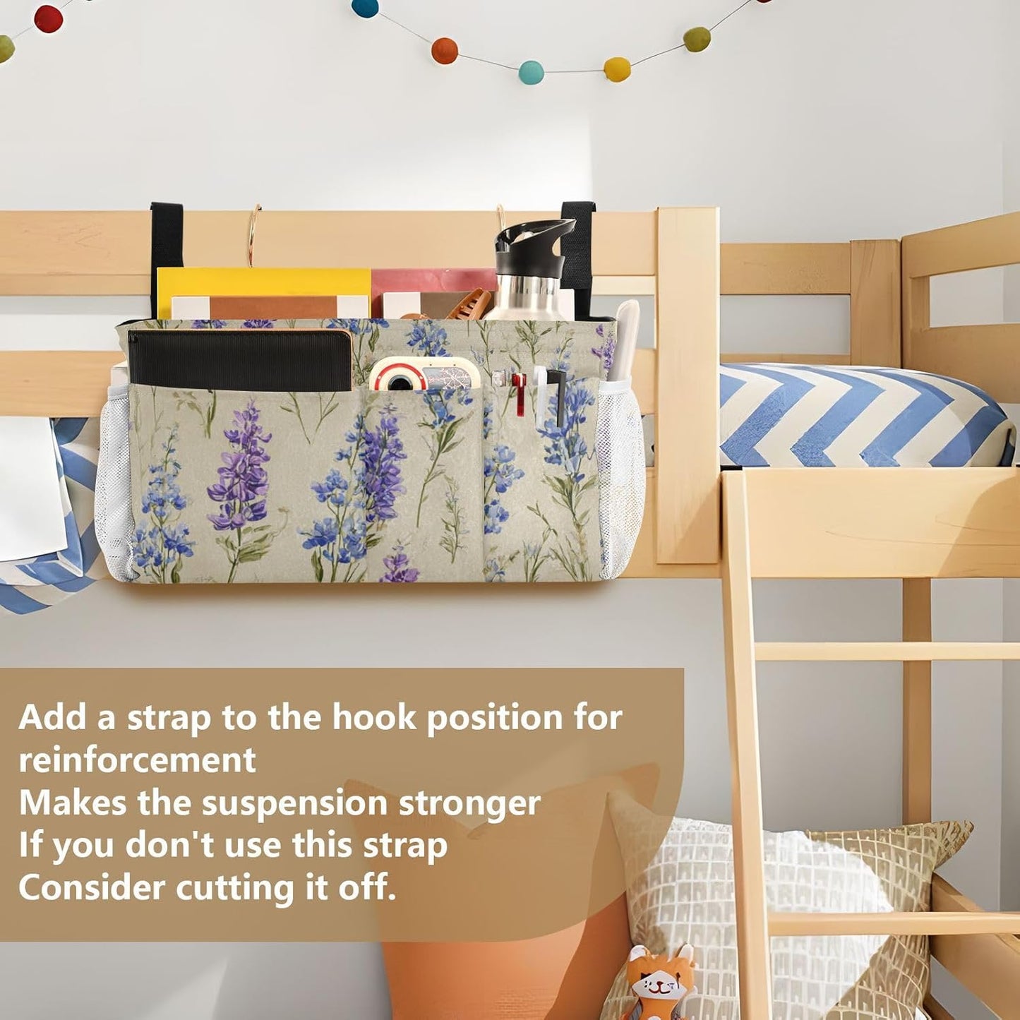 Bluebonnet Lavender Bedside Caddy for Dorm Bed Bedside Hanging Caddy Bag Iron Frame Storage Organizer Pocket for Bunk Home College Hospital Beds 2 Hooks