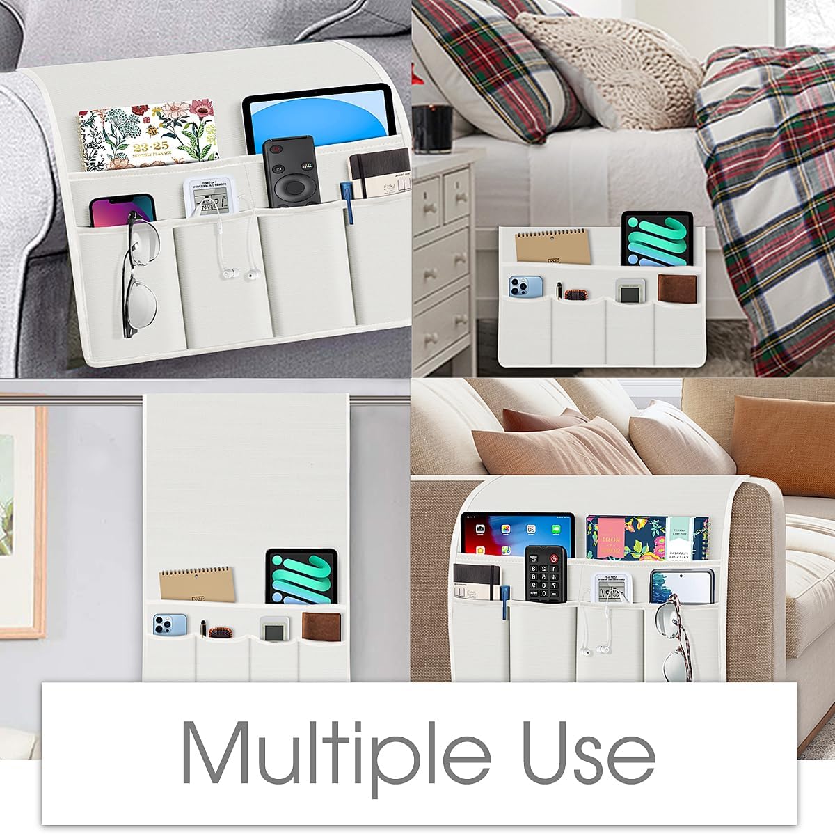 Joywell Armrest Organizer Remote Holder for Recliner Armchair Caddy Couch Sofa Arm Chair Caddie with 6 Pocket Storage for Magazine, Phone, iPad,Off White