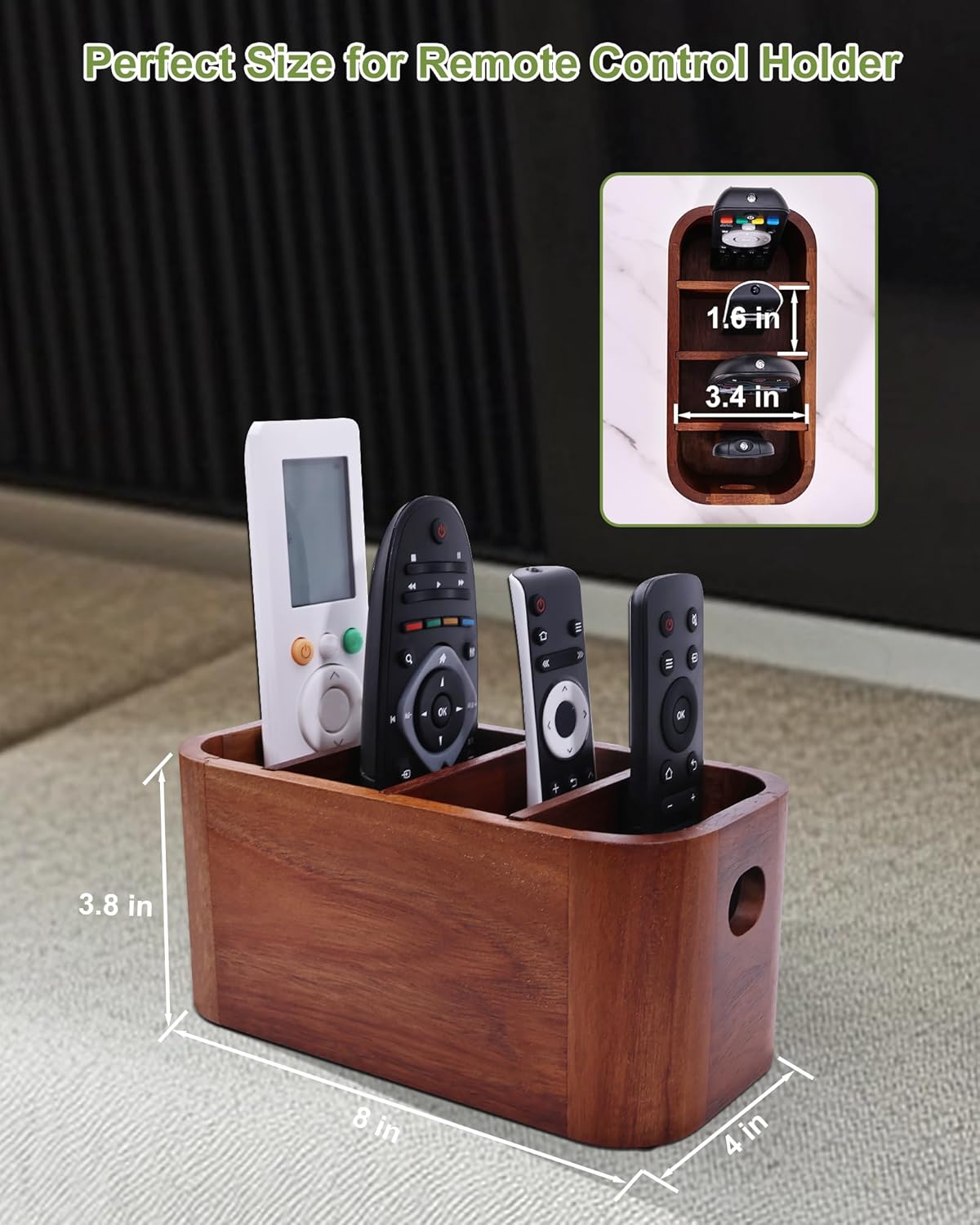 ‌Acacia Wood Remote Control Holder, Bonfixe Removable Desk Organizer with 4 Compartments & 4 Protective Pads, Easy Storage‌ TV Remote Holder for Living Room, Bedside Caddy, Office Supplies