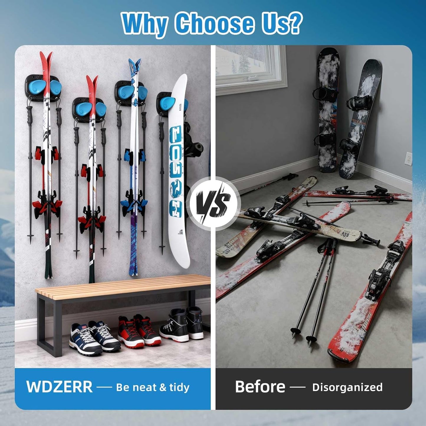 WDZREE Ski & Snowboard Wall Rack for Garage, Fits Any Ski or Board, Ski Wall Mount Garage Organization Holders, Damage-Free Storage Rack, Space-Saving Clamp Winter Gear Organizer, Blue (4 Pack)