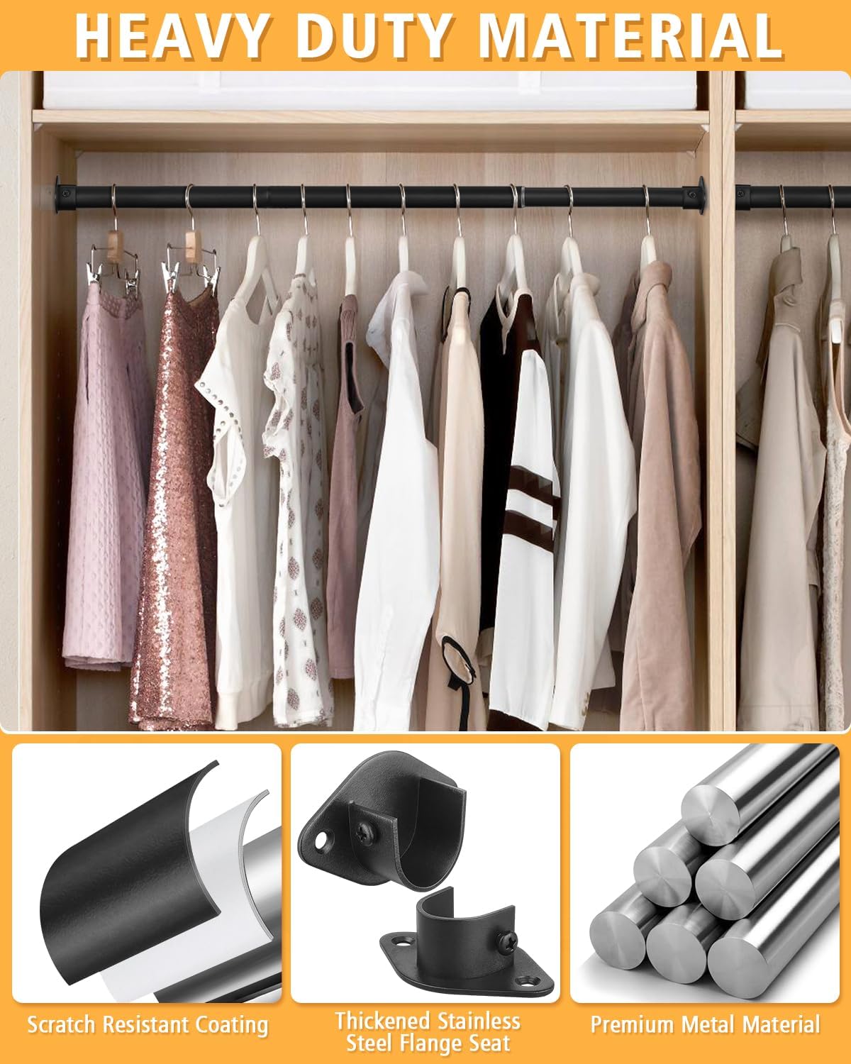 Closet Rod, 17 to 76 Inch Heavy Duty Adjustable Metal Clothing Rack for Hanging Clothes, Closet Poles for Wardrobes, Laundry, Durable Steel, Black