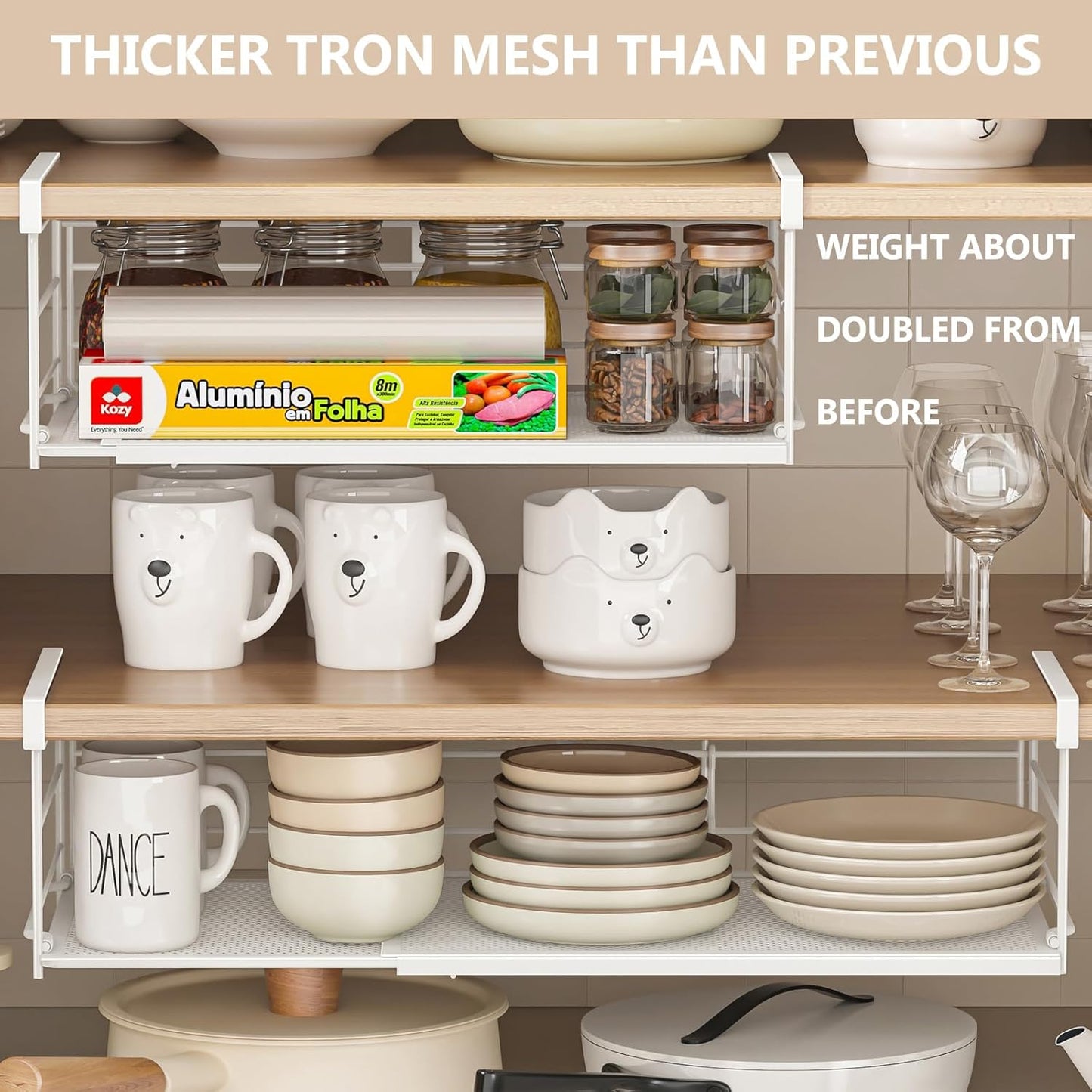 Expandable Under Cabinet Shelf, Extendable Under Shelf Storage with Removable Wire-Like Back for Pantry Cabinet, Laundry Room, Shoe Rack. (White, 2 Pack, Interior: 5" H x 10" D)