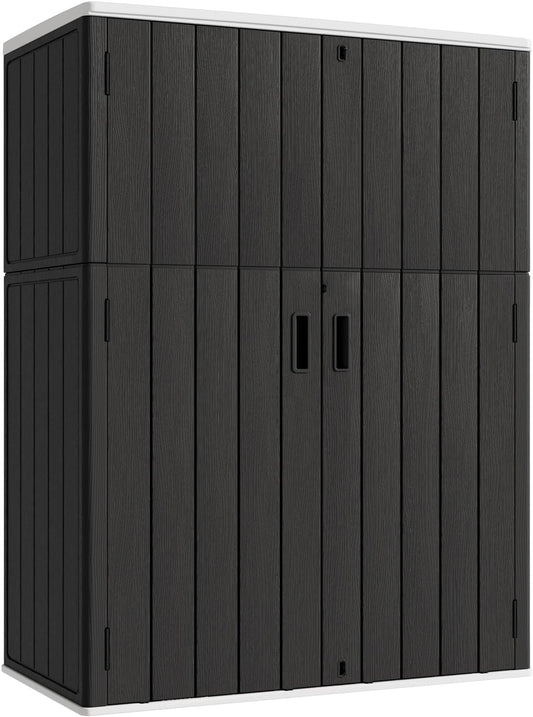 KINYING Outdoor Vertical Storage Shed,57 Cu.ft Outdoor Storage Cabinet Waterproof,Resin Sheds & Outdoor Storage Clearance for Garden,Patio,Backyard,Lockable (Black)