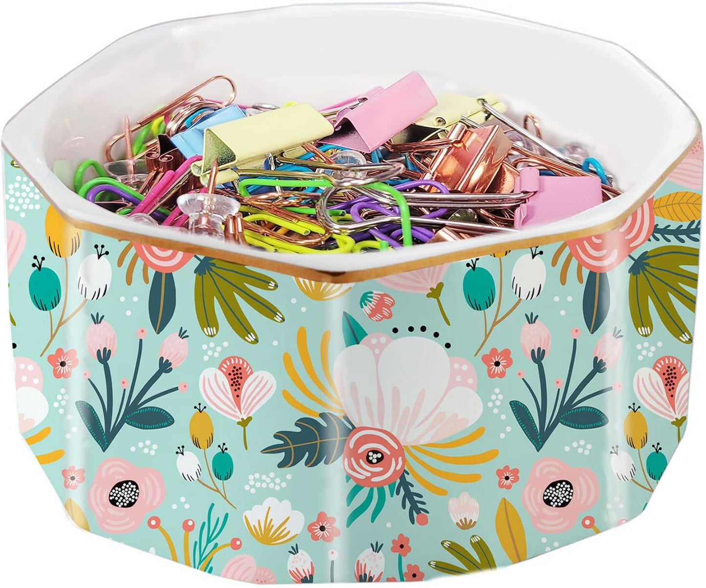 Ceramic Paper Clip Holder Gold Line Paper Clip Dispenser Organizer for Desk Cute Floral Pattern Office Binder Clip Holder Bobby Pin and Hair Clip Holder Gift for Office Mint Flowers