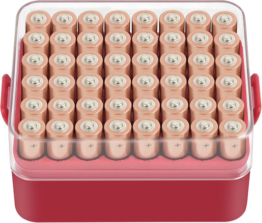 ALCYON Battery Organizer Storage Case, Battery Vault Box Container for 48pcs AAA Batteries, Plastic Clear Protective Battery Holder for Travelling/Home/Office (Red, Small)
