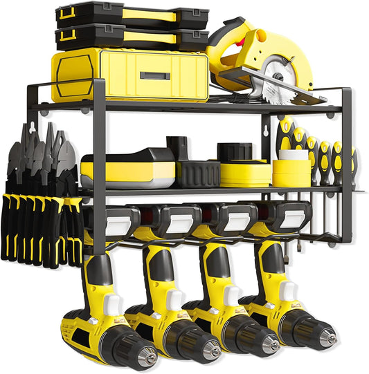 Power Tool Organizer Wall Mount, 3-Tier Heavy Duty Metal Rack Loads 180lbs with 4 Drill Holders and Side Hooks, Tool Battery Utility Rack Suitable Garage﻿