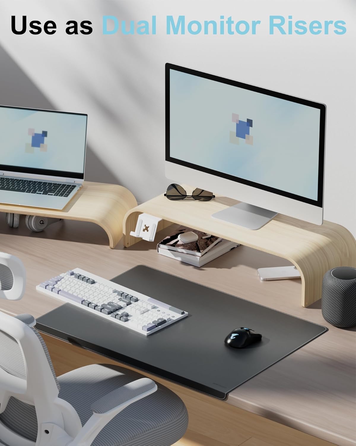 Solid Wood Dual Monitor Stand Riser 2 Tier, 24.1 Inch Desktop Organizer with Phone Holder, Ergonomic Computer Stand, Multifunctional Desk Shelf for Laptop, PC, Printer, Supports Up to 110lbs