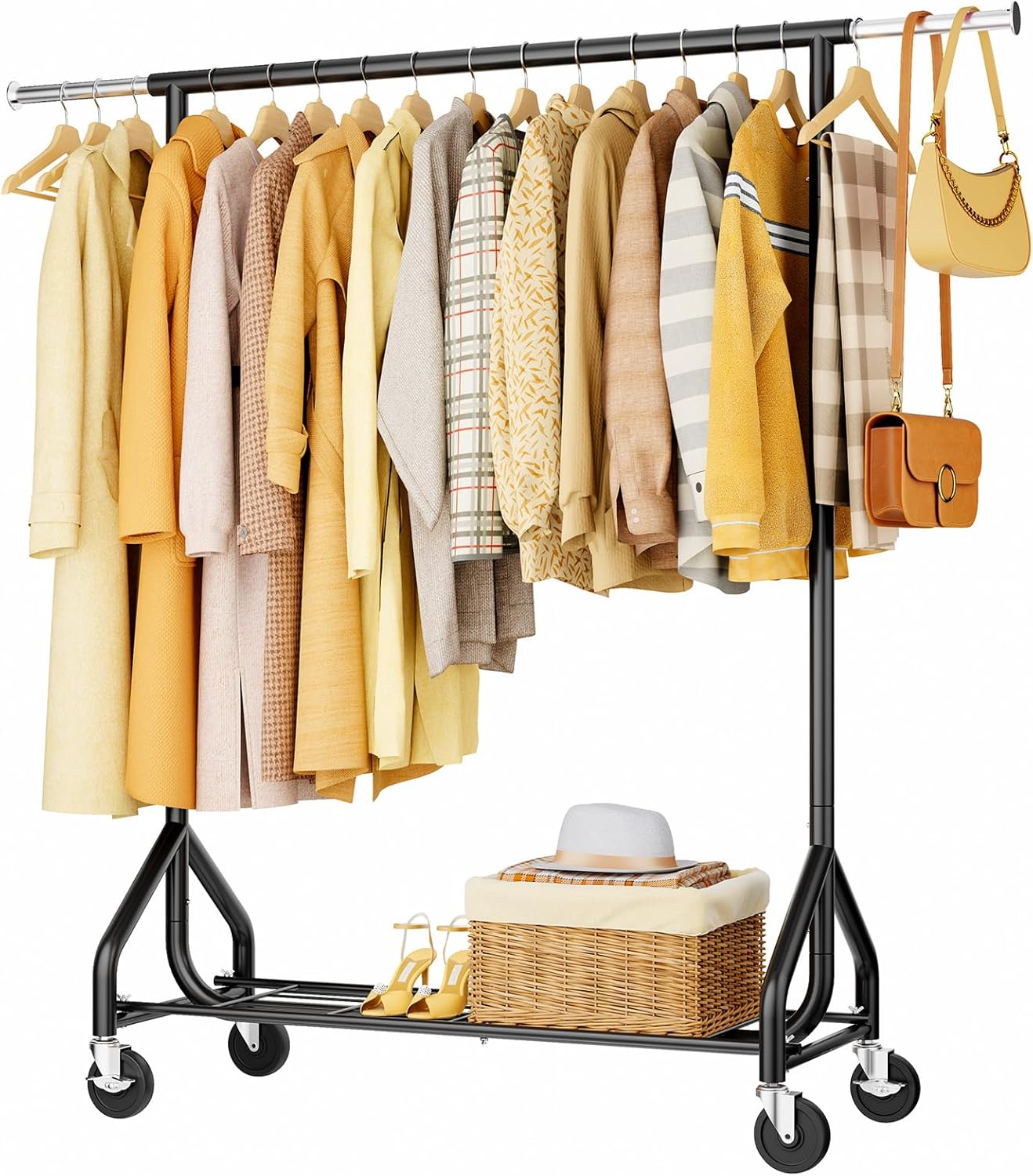 Heavy-Duty 450LBS Capacity Metal Clothes Rack，Rolling Clothing Rack with Wheels & Shelves, Portable Standing Wardrobe Rack for Hanging Clothes, Black