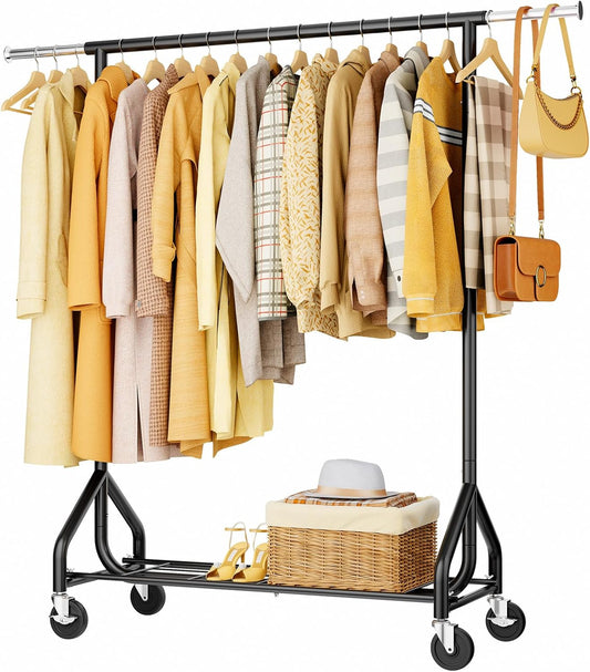 Heavy-Duty 450LBS Capacity Metal Clothes Rack，Rolling Clothing Rack with Wheels & Shelves, Portable Standing Wardrobe Rack for Hanging Clothes, Black
