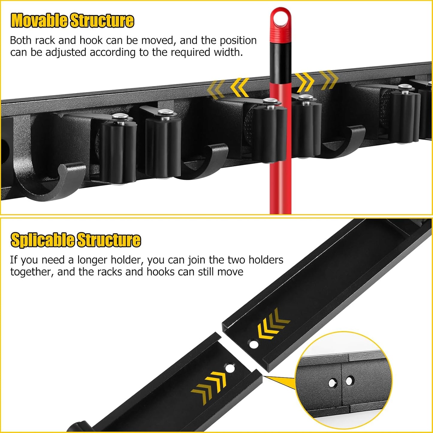 SLIIMU Movable 15'' Broom and Mop Holder Wall Mount with Sliding 3 Racks 4 Hooks, Storage Organizer Wall Hanger, Cleaning Tool Hanging Grippers for Kitchen Bathroom Garden Garage Laundry Home Closet