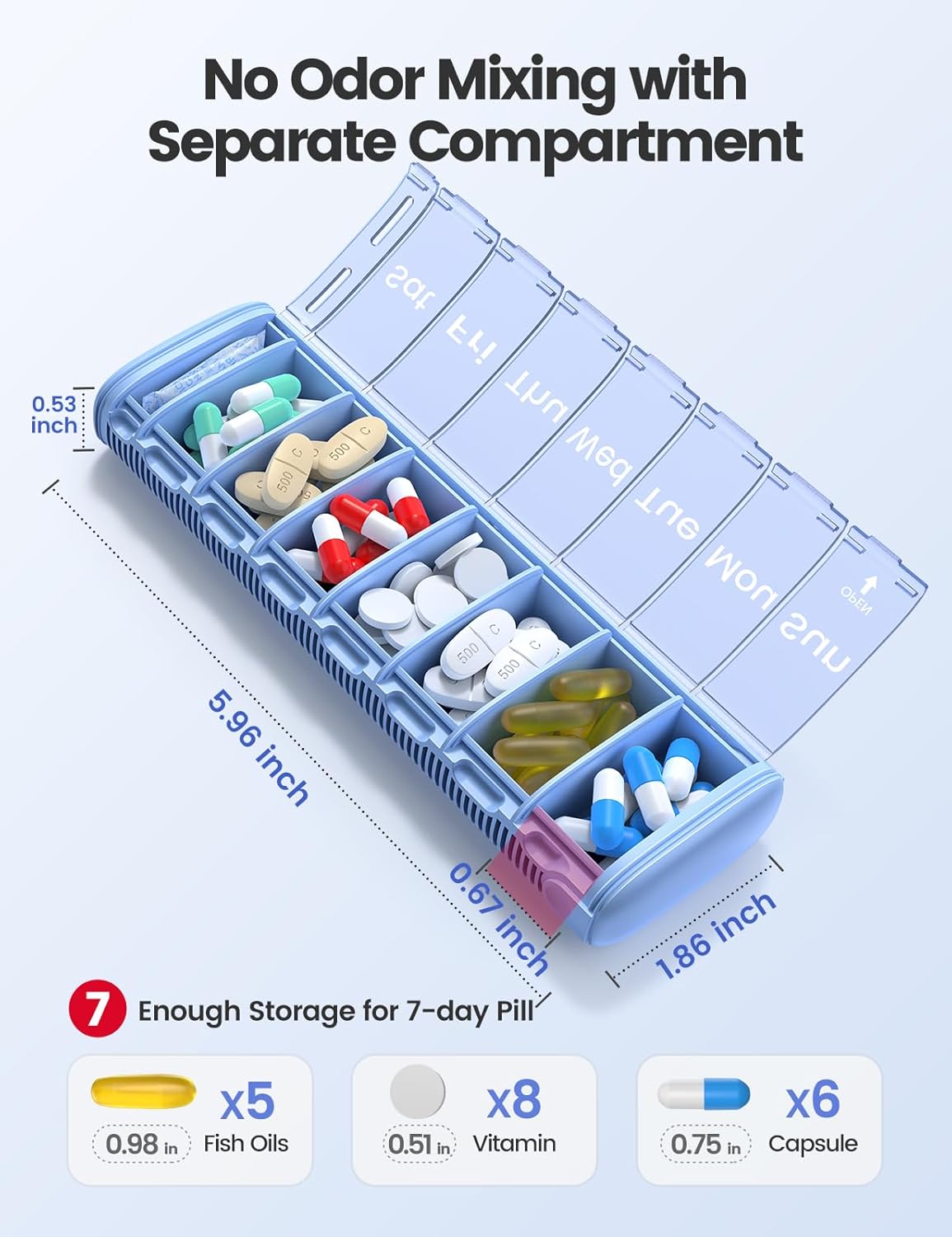 Vaydeer Metal Travel Pill Organizer – Compact Weekly Pill Box for Daily Medication – Portable Small Pill Case for Vitamins, Pills & Supplements (Black)