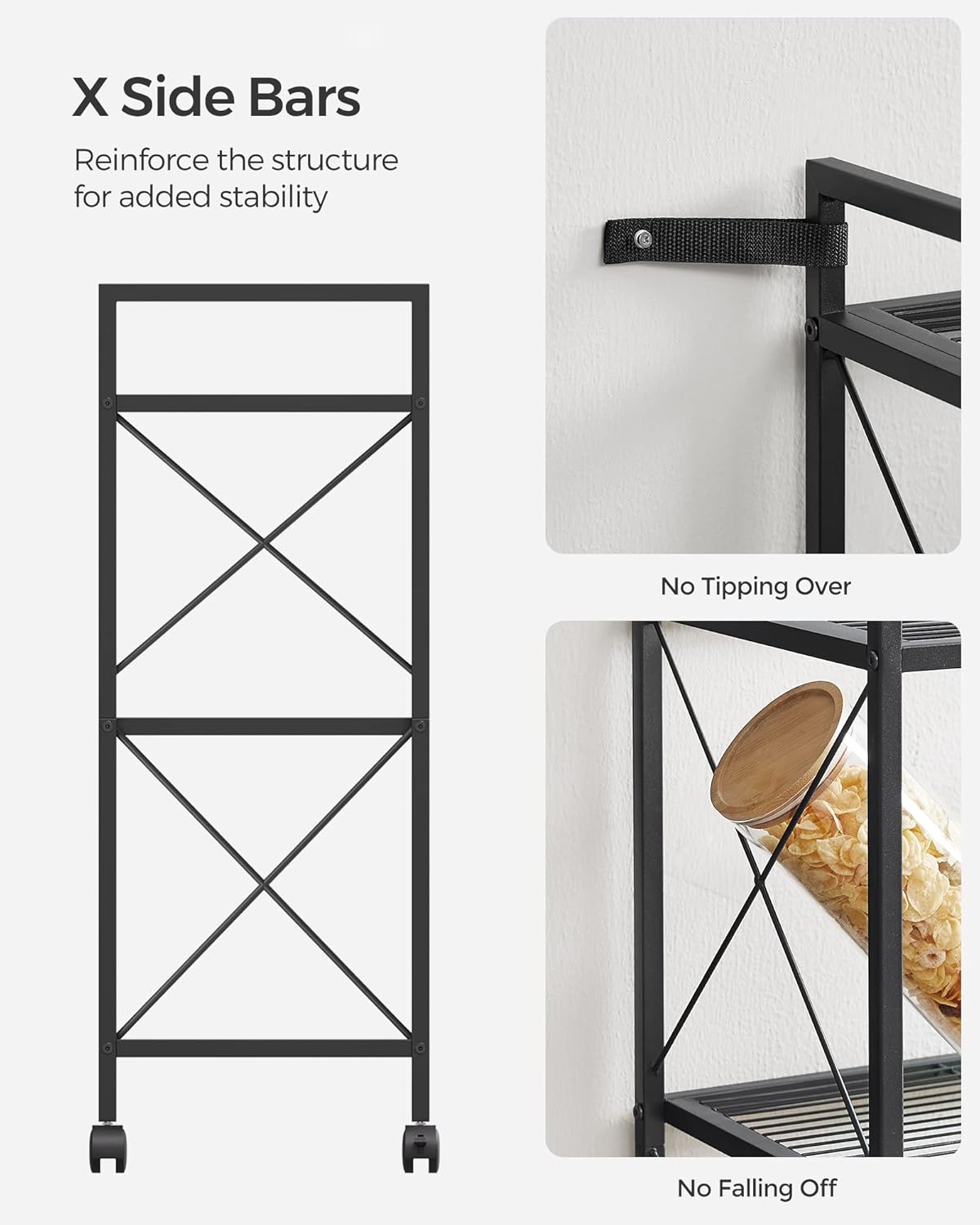 SONGMICS 3-Tier Metal Storage Rack with Wheels, Mesh Shelving Unit with X Side Frames, 31.5-Inch Width, for Entryway, Kitchen, Living Room, Bathroom, Industrial Style, Black UBSC183B01
