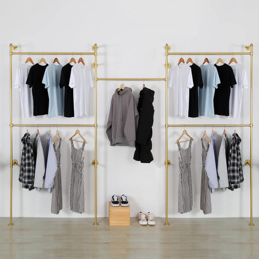 Industrial Pipe Clothing Rack Wall Mounted 5 Hanging Rods Garment Bar, Heavy Duty Closet Storage Rod Vintage Commercial Clothes Racks for Hallway Retail Boutique (Gold)