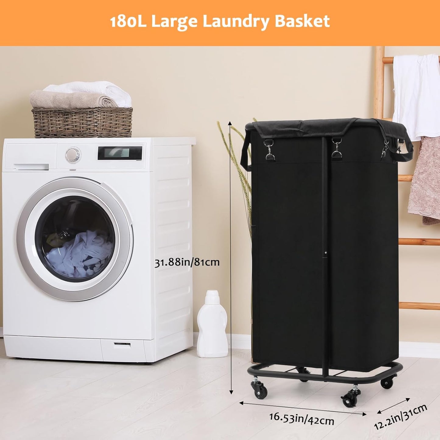 Longzhuo 47.55 Gal(180L) Rolling Laundry Basket With Wheels, Laundry Hamper With Wheels, Metal Wheeled Laundry Basket for Laundry, Hotel, Bedroom & Laundry Room Organization, Black