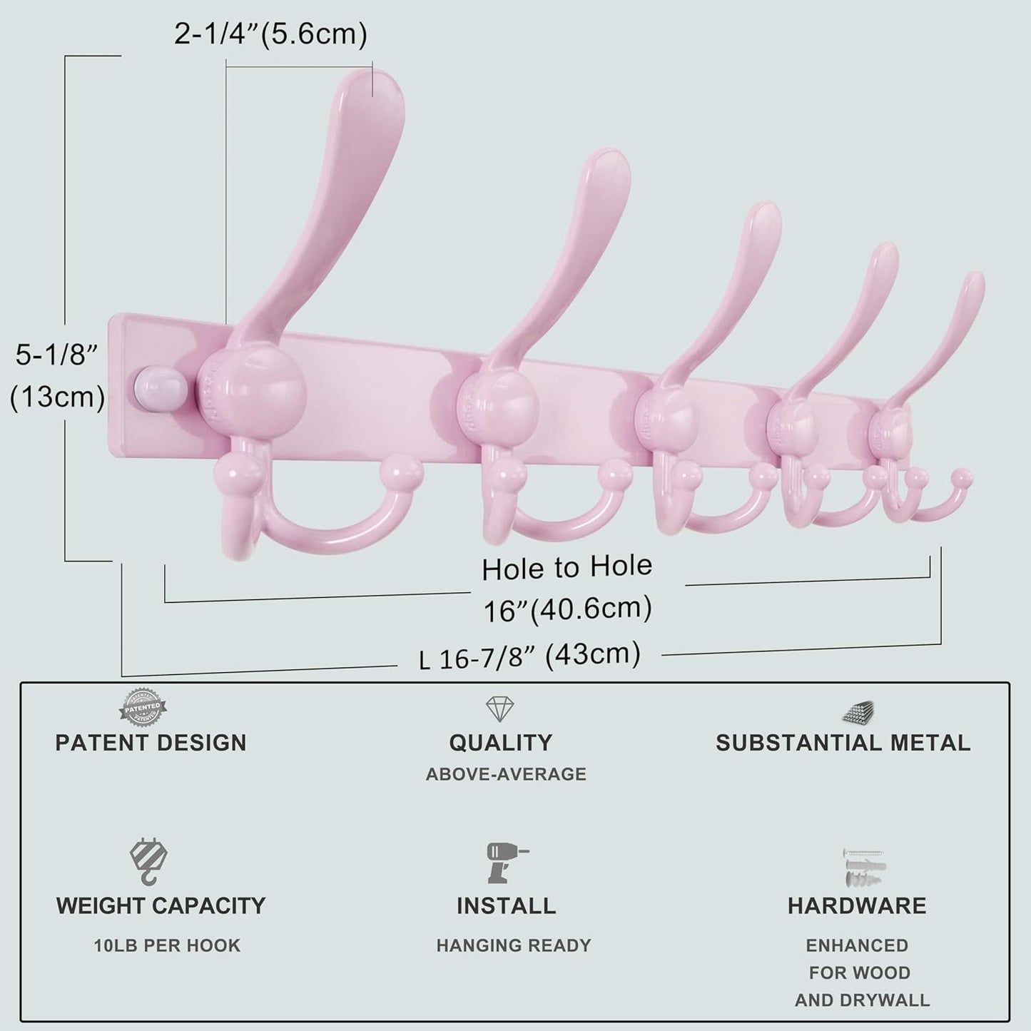 Dseap Coat Rack Wall Mount 2.0 Pro: Heavy Duty 300% Thicker, 16" Stud Mount, Stainless Steel Wall Coat Hooks Hanger for Clothes Jackets Hats Entryway Closet, MaxStrong Series, Pink