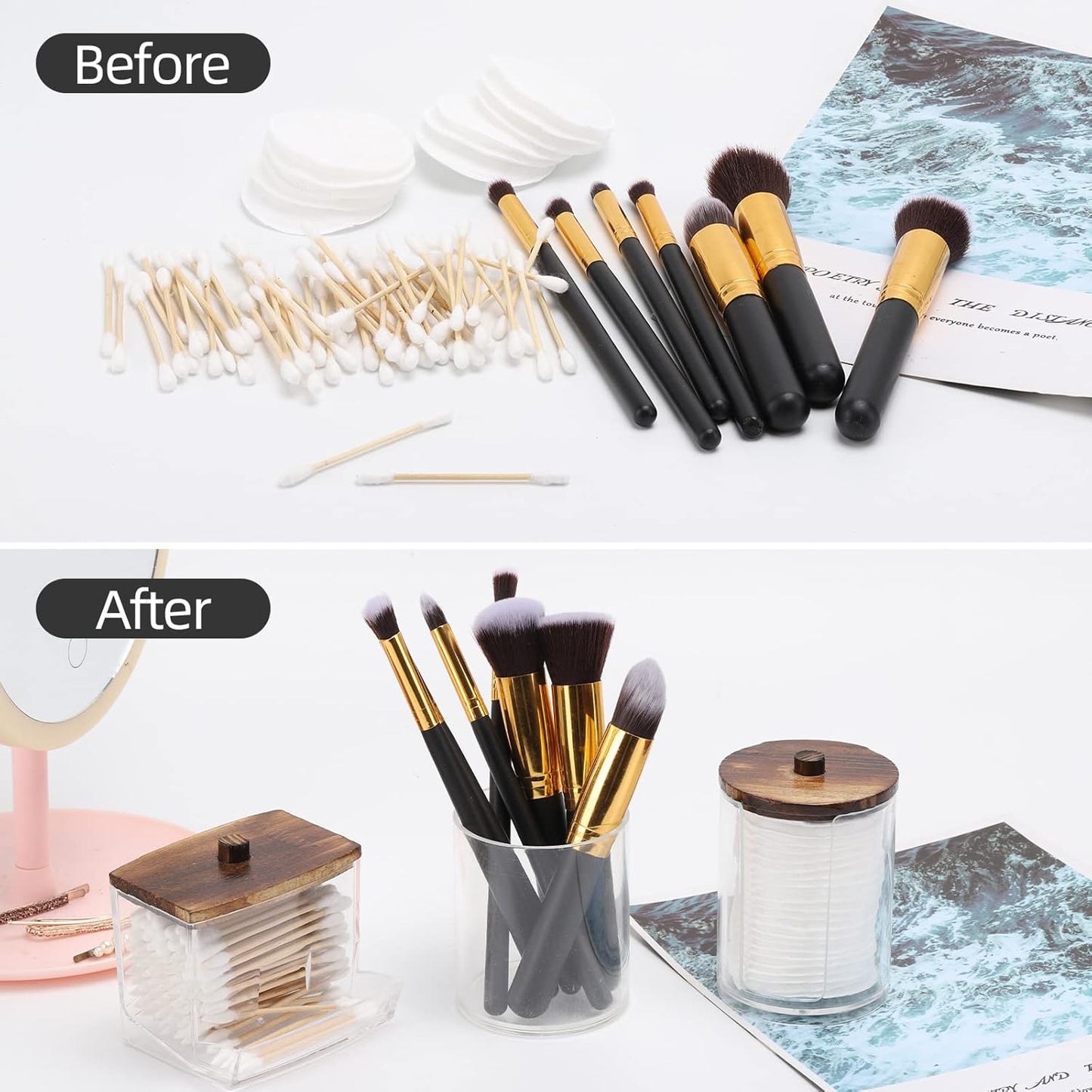 Tbestmax Bathroom Organizer Accessories Set-10 OZ Qtips Holder Storage with Wood Lids, Cotton Ball/Swabs Dispenser, Apothecary Container Jar 3 Pcs