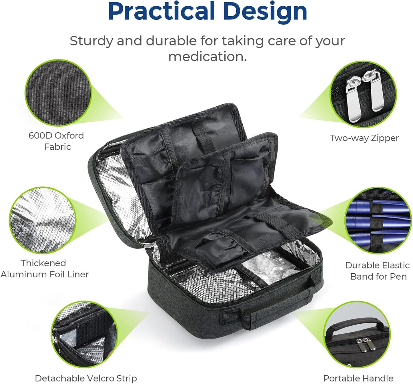 AUVON Large Insulin Cooler Travel Case, Longer Cooling Effect with 4 * 160g Ice Packs, Compact Medication Cooler Bag for 8 Insulin Pens and Diabetic Supplies, Ideal Travel Partner with Handle Design