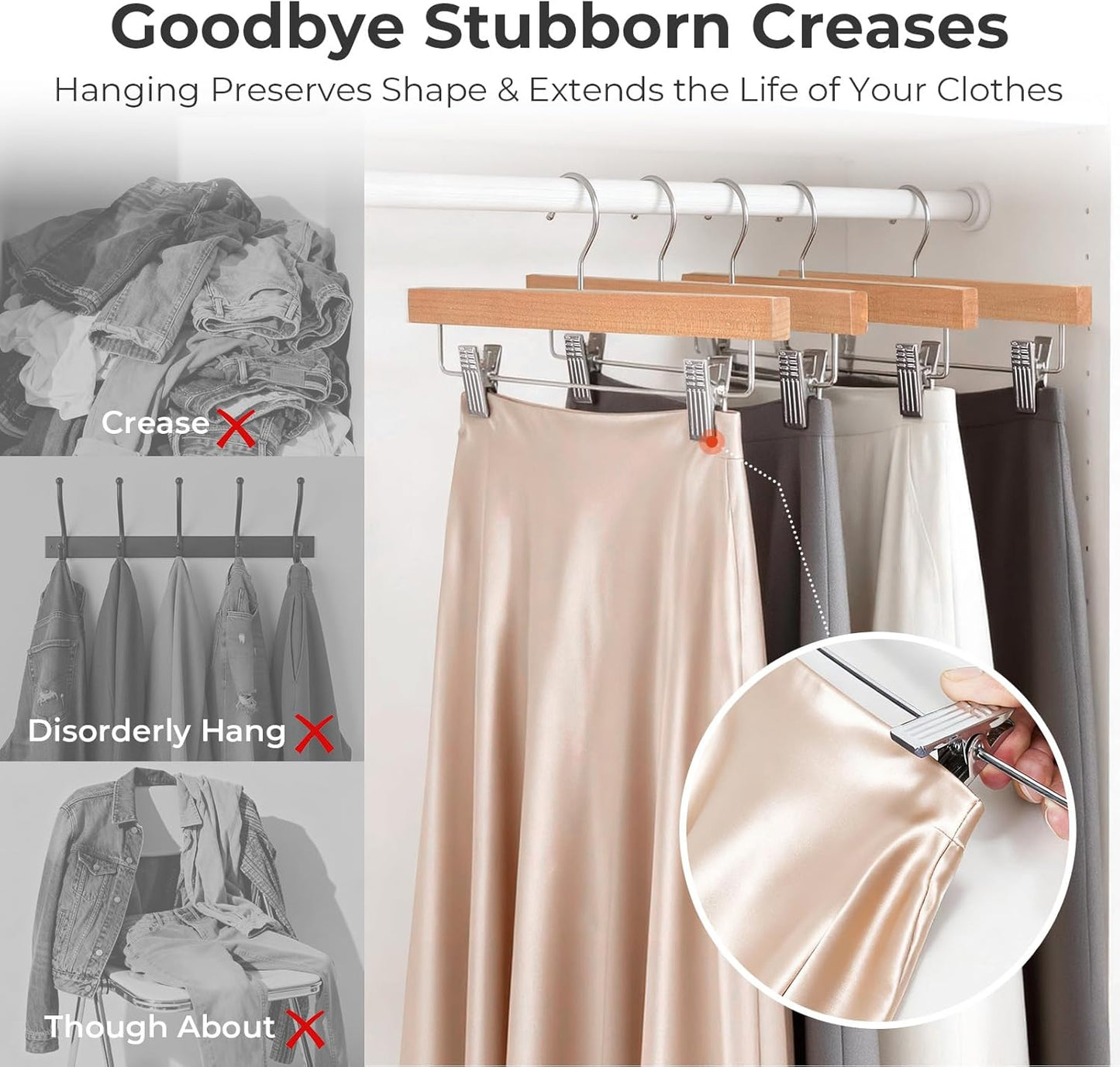 HOUSE DAY Premium Wooden Pants Hangers 50 Pack, Solid Lotus Wood Skirt Hangers with 2-Adjustable Clips, Heavy Duty & Anti Slip Wood Bottom Hanger for Slacks, Jeans, Trousers, Shorts (Natural)