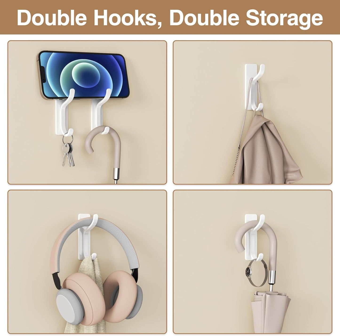 pickpiff Adhesive Wall Hooks for Hanging Towels - Heavy Duty Stick On Hooks, Strong Hold up to 13 lbs, Damage-Free Hangers for Coats, Bags, Purses, Ideal for Door, Closet, or Bathroom, White, 4 Pack