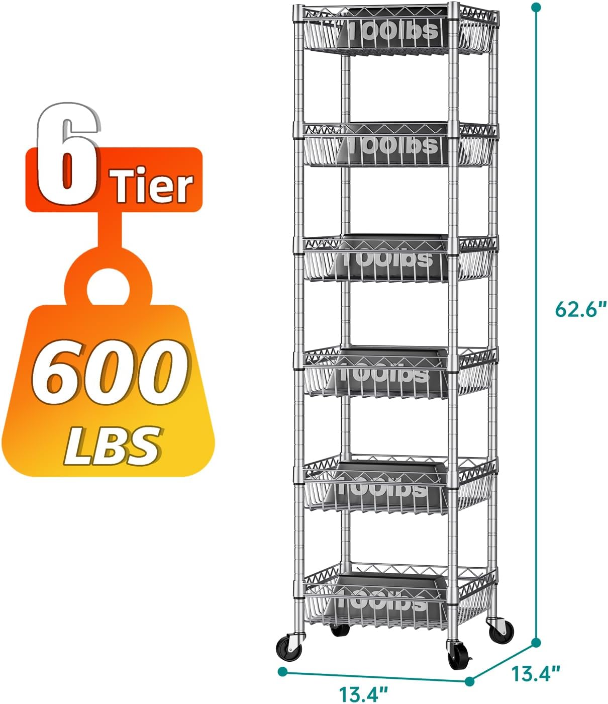 SINGAYE Shelf Storage Wire Shelving：Shelves Rack Standing Units with Wheels Closet Organizers Metal Pantry Kitchen Laundry Room Adjustable 13.5" D x 13.5" W x 63" H Silver