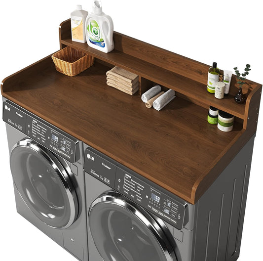 2-Tier Washer and Dryer Countertop with 2.75" H Guard,54" W x 27.5" D Laundry Countertop Cover with Non-Slip Pad,Large Space Laundry Topper for Folding Clothes Over Washer and Dryer-Brown