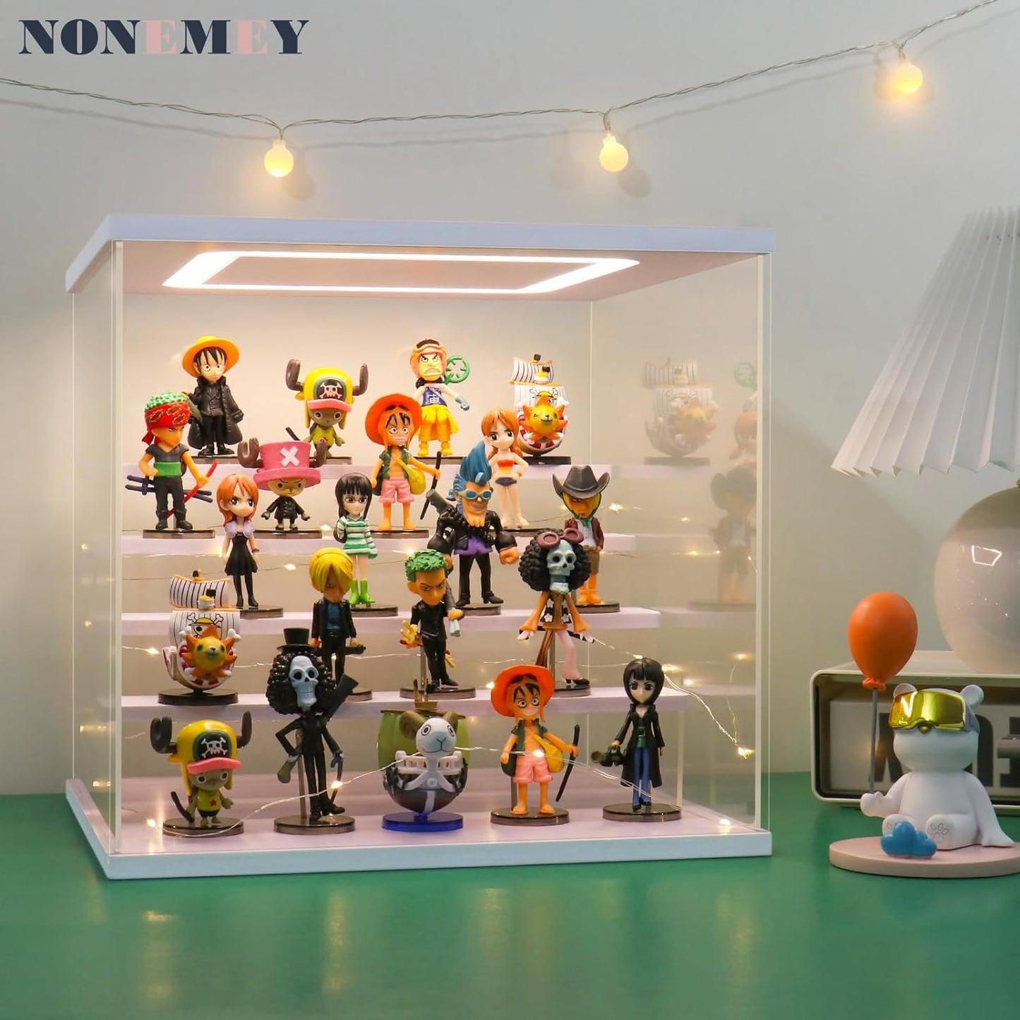 NONEMEY Clear Acrylic Display Case Stand with LED Light 2/3/4/5/6 Tier Storage Box Showcase Dustproof Organizer Box for Collectibles (White 6 Tiers 15.7 * 12.5 * 16.5inch)