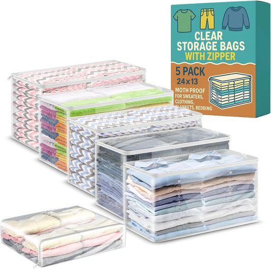 Houseables Clothes Storage Bag, Sweater Bags Moth Proof, Moth Proof Sweater Storage, Clear Zipper Organizer, Vinyl Zippered Plastic Protection, Blanket, Linen, Clothing, Quilt, Bed Sheet, 24x13, 5 PK