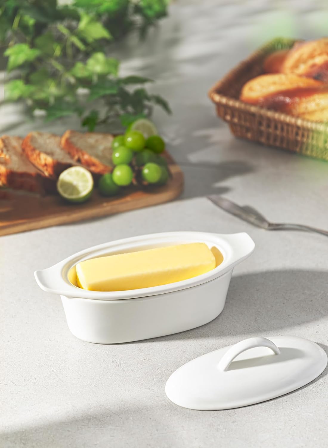 Butter Dish with Lid for Countertop - Porcelain White, 3pcs Large Butter Dish with Lid, Butter Keeper Container with Waterline Pefect for Daily Storage, Butter Holder with Handle - for Kitchen Decor
