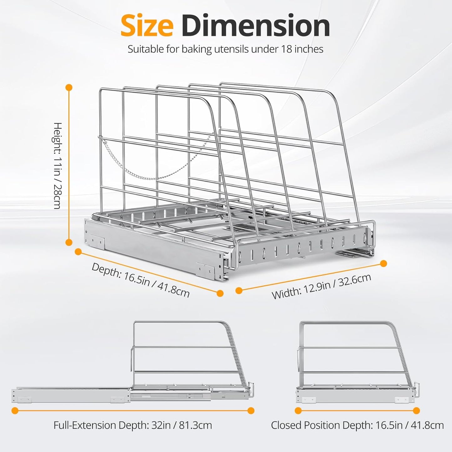 Pull Out Cabinet Organizer for Cutting Board, Cookie Sheet, Baking Sheet, Stainless Steel Sliding Rack for Bakeware & Trays, Heavy-Duty Cutting Board Organizer (12.9” x 16.5” (32.6 x 41.8 cm))