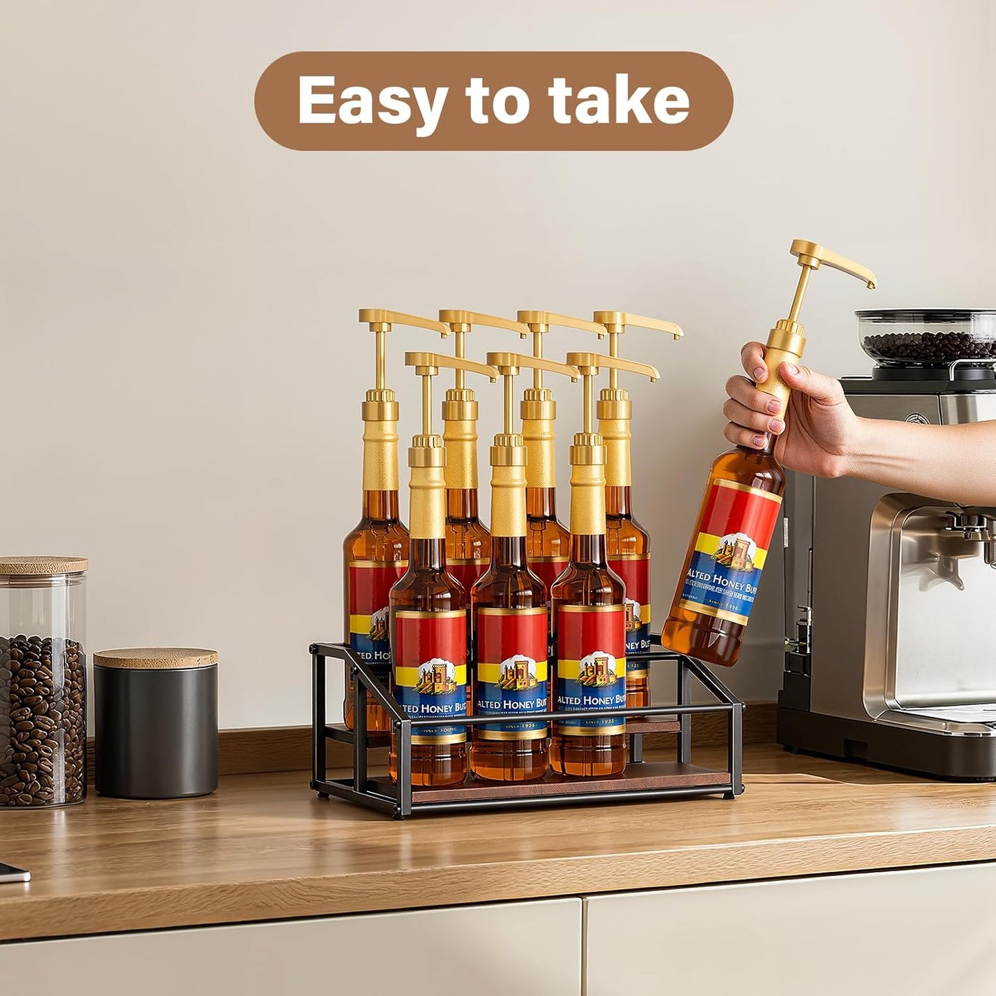 Coffee Syrup Organizer Rack, Liquor Bottle Display Shelf, 2 Tier 8 Syrup Bottles Holder Stand for Coffee Bar Kitchen Small Wine Rack for Family Storage for Syrup Wine Dressing