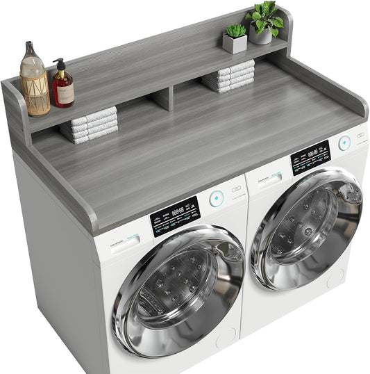 2-Tier Washer Dryer Countertop with 2.75"H Edge Rails, 54" W x 27.55" D Laundry Countertop for Folding Clothes, Washer and Dryer Topper with Non-Slip Pad (Stripe Gray)