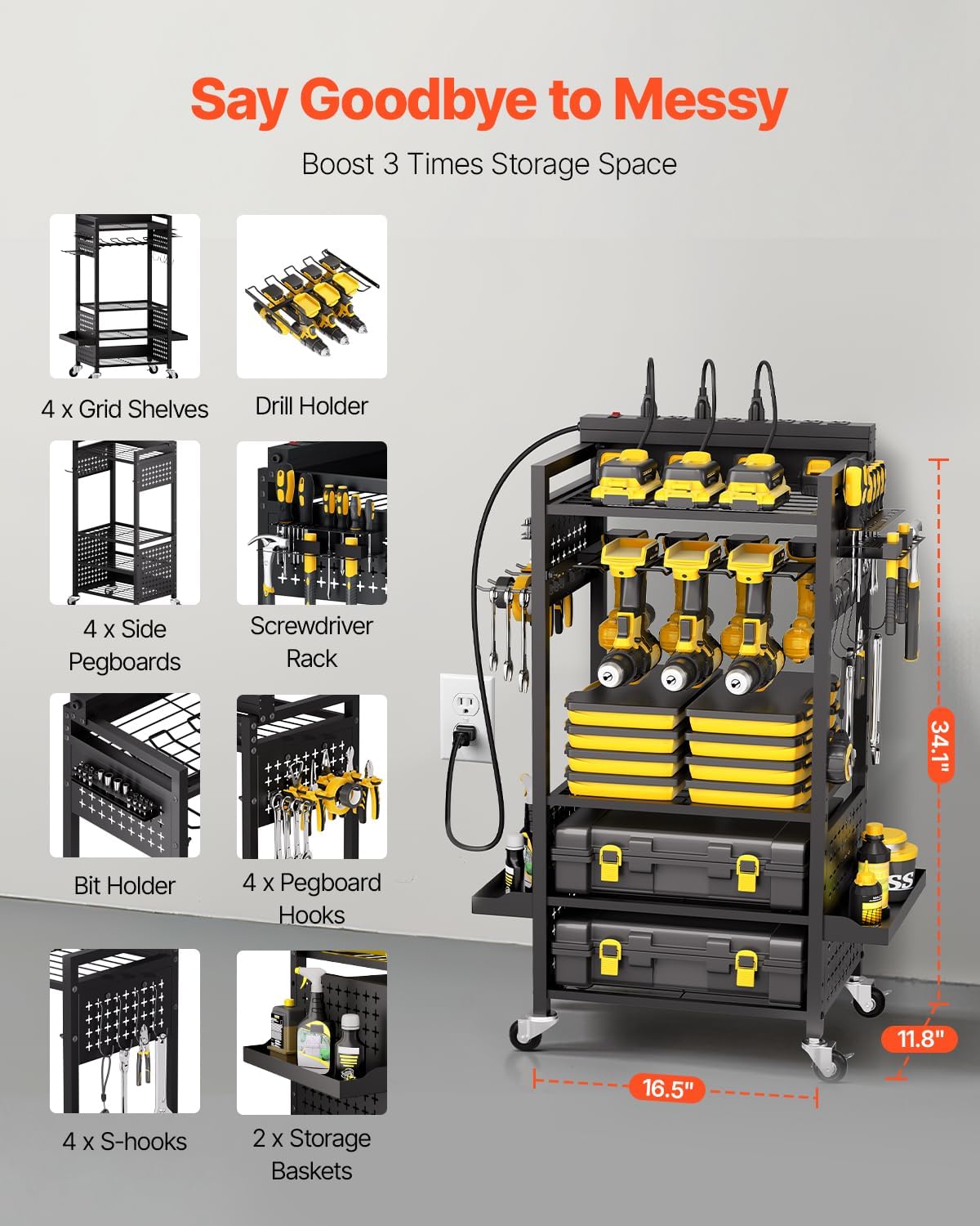 VEVOR 5-Tier Tool Organizer Cart with Charging Station, 8 AC Outlet, Floor Stand Rolling Drill Holder and Tool Battery Storage Rack on Wheels, Garage Floor Rolling Storage Cart for Workshop, Garage