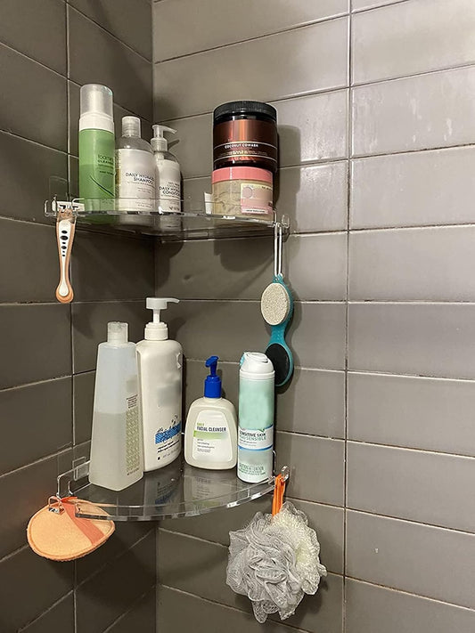 JiePai Acrylic Corner Shower Caddy Shelf with Hooks 2 Pack, Adhesive Wall Mounted Bathroom Shower Organizer for Inside Shower & Kitchen Storage, Space-Saving Design