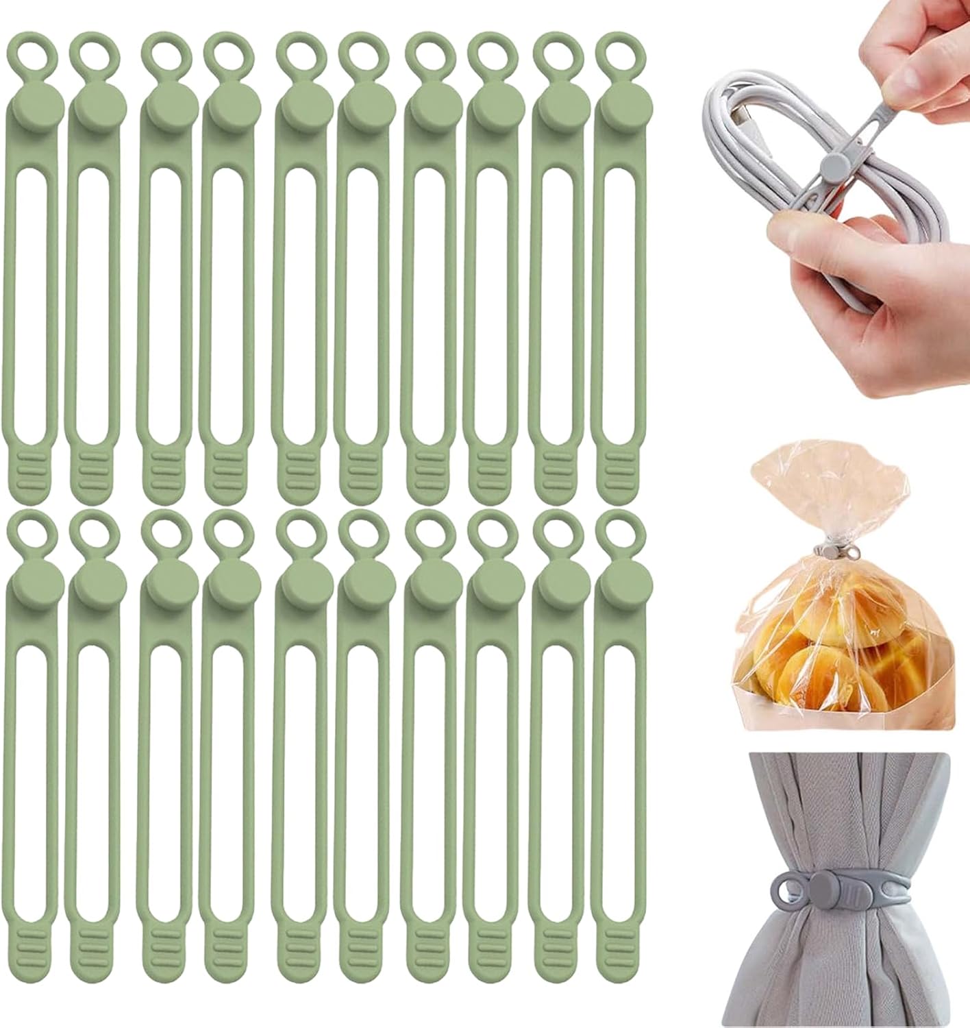 Data Cable Organizer, Silicone Cable Ties Reusable - Elastic Cord Organizer for Electronics, Adjustable Wire Ties for Cable Management,Computer Wires,Phone Charger,Earphone,Home Office (Green, 20PCS)