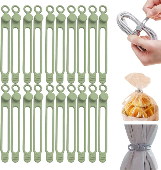 Data Cable Organizer, Silicone Cable Ties Reusable - Elastic Cord Organizer for Electronics, Adjustable Wire Ties for Cable Management,Computer Wires,Phone Charger,Earphone,Home Office (Green, 10PCS)