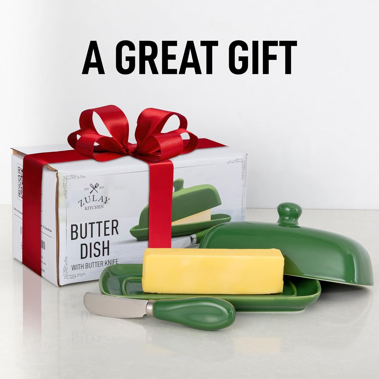 Zulay Butter Dish With Lid For Countertop - Porcelain White, Ceramic Butter Dish with Knob Handle Great for Cooking - Elegant Design Butter Holder - Durable & Sturdy Butter Keeper - Jade