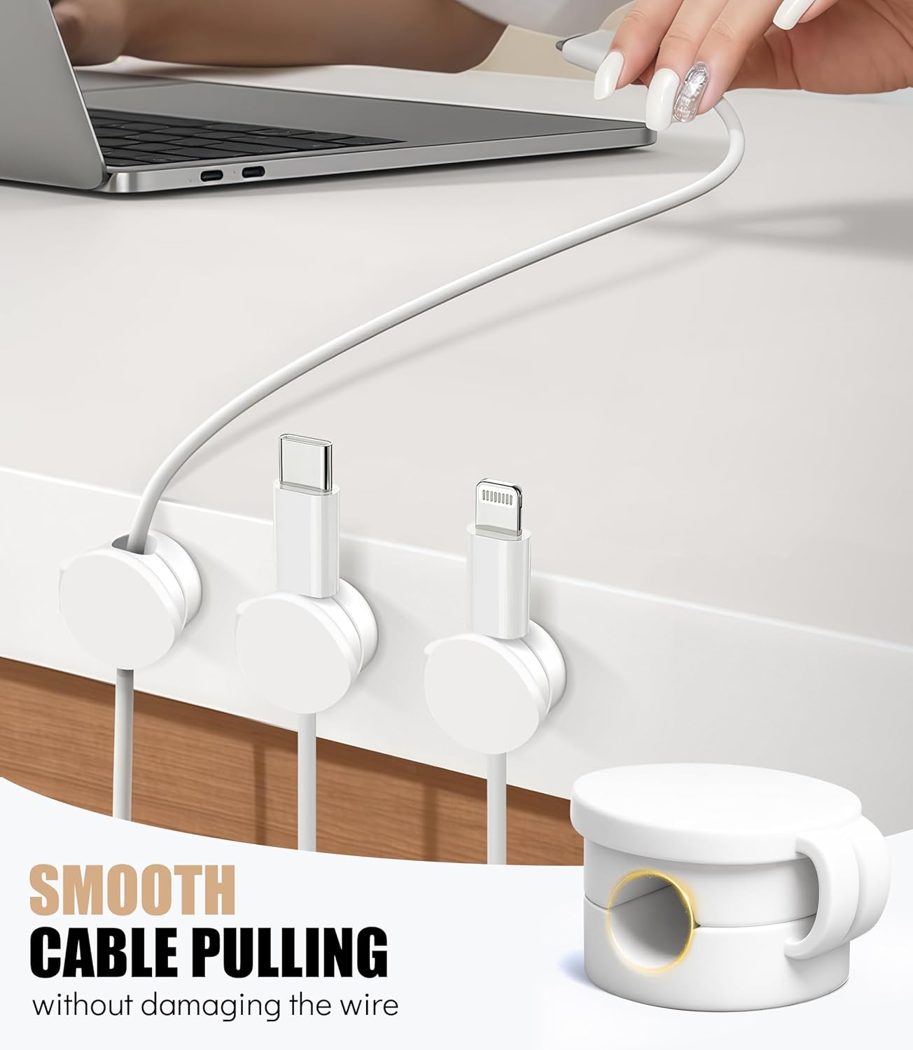 6 Pack Silicone Cord Organizer, Adjustable Magnetic Cable Clips, Strong Adhesive Cable Management Under Desk Wire Hider, Cord Holder for Nightstand, Desk, Wall, Home Office (White)