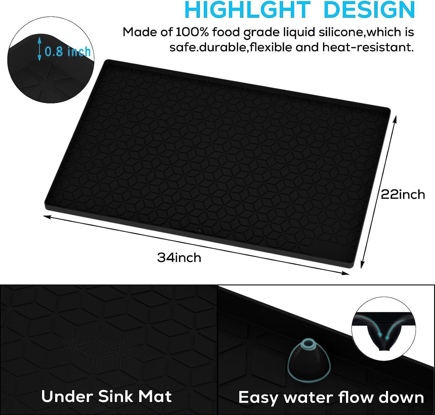 Under Sink Mat for Kitchen, Silicone Waterproof Liner, Flexible Organizer Tray with Drain Hole, 3.3 Gallons Capacity, Easy to Clean (Black, 34x22)