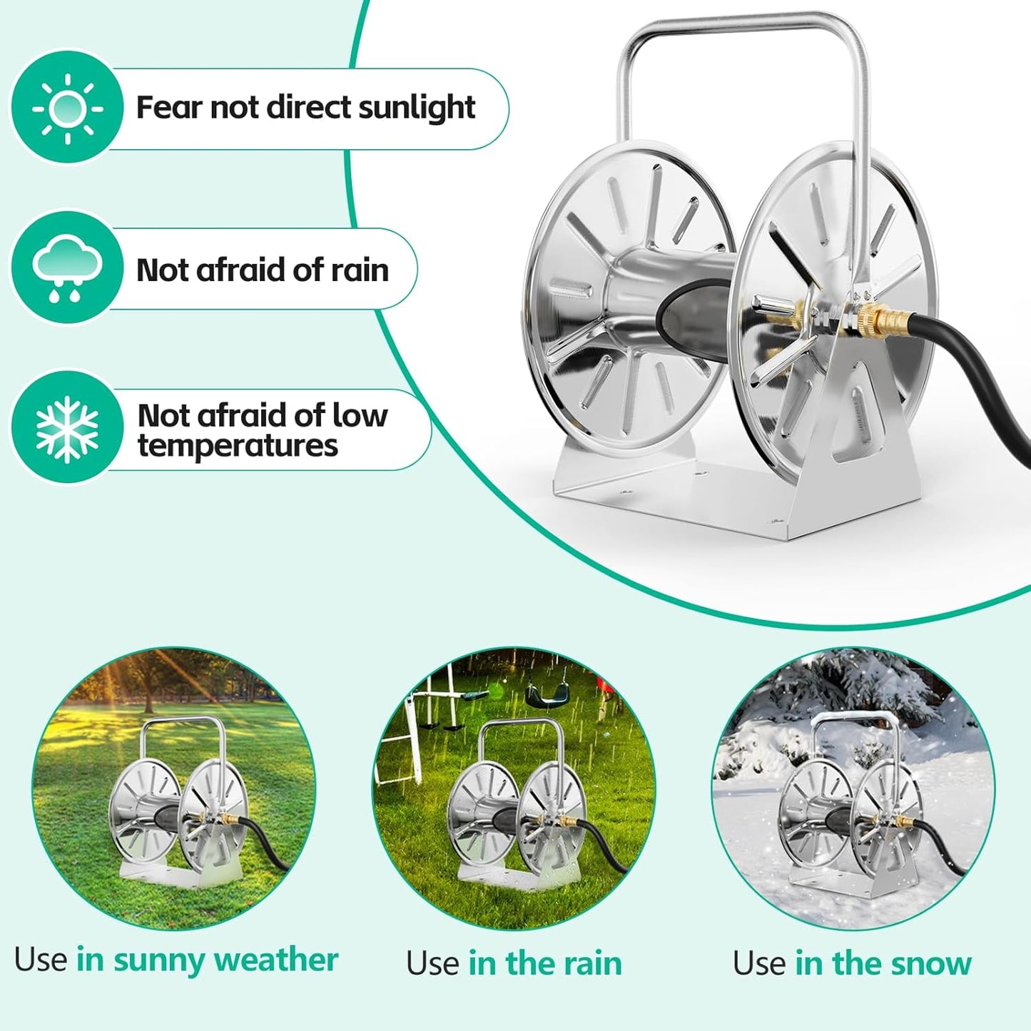SPECILITE Stainless Steel Garden Hose Reel, Portable Outdoor Metal Wall Mount/Floor Spool, Holds 5/8 Inch 75ft Capacity, with 6ft Leader Water Pipe, UV Resistant Yard, Patio